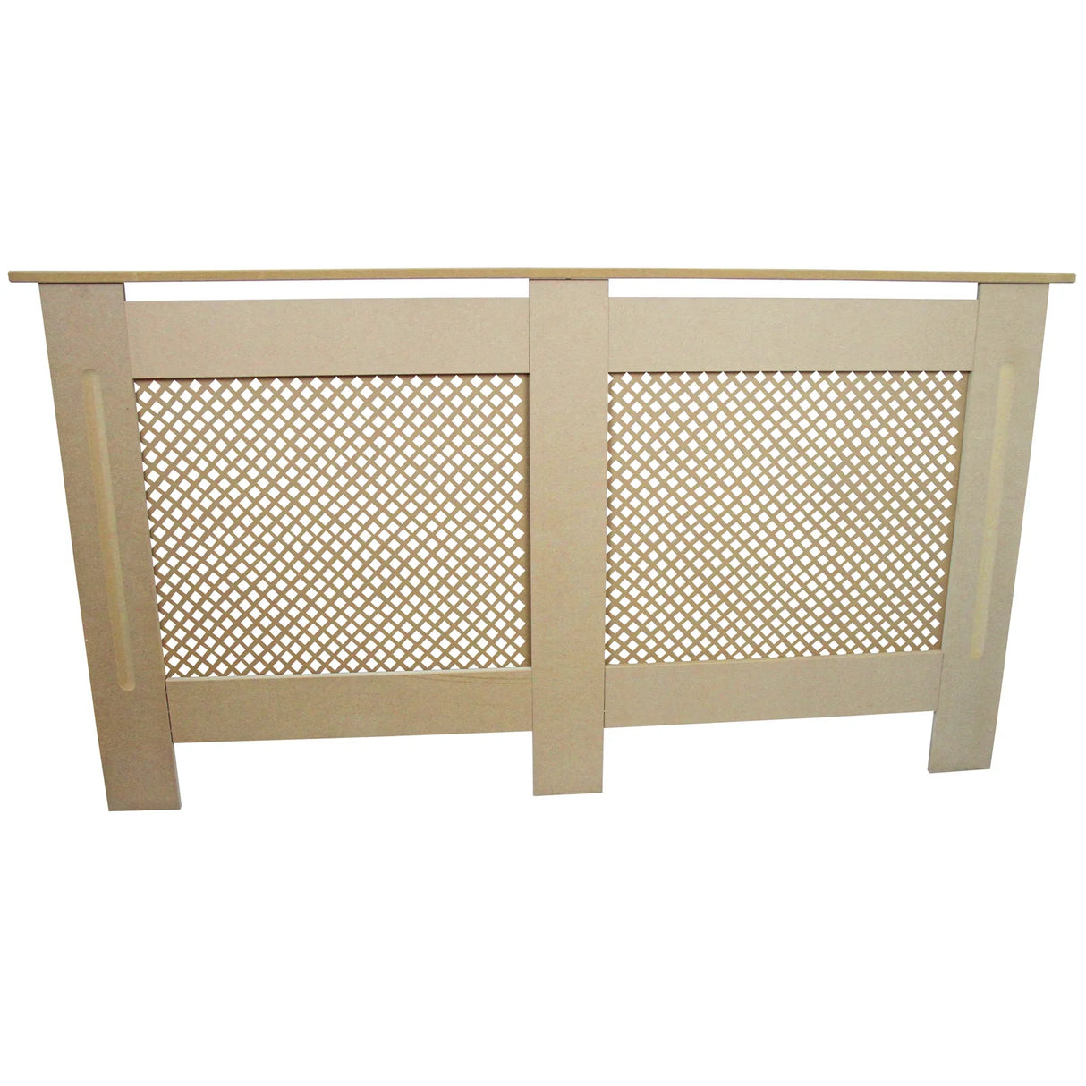 Unfinished MDF radiator cover, 1515mm wide, featuring a decorative lattice design and smooth edges for a modern look