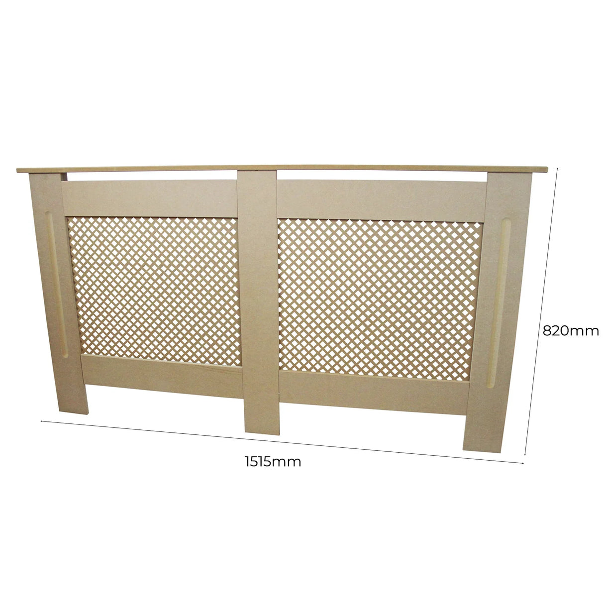 Unfinished MDF radiator cover measuring 1515mm wide and 820mm high, featuring a decorative lattice design and smooth edges