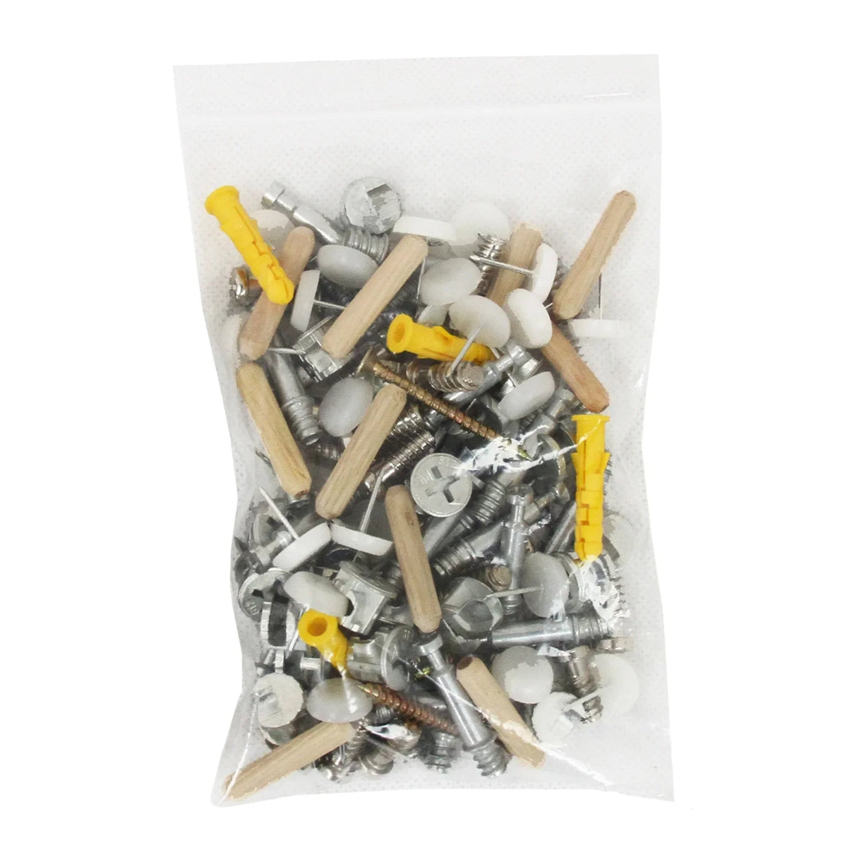 Assorted hardware kit for Radiator Cover MDF Unfinished 1115mm, including screws, dowels, and anchors in a clear bag