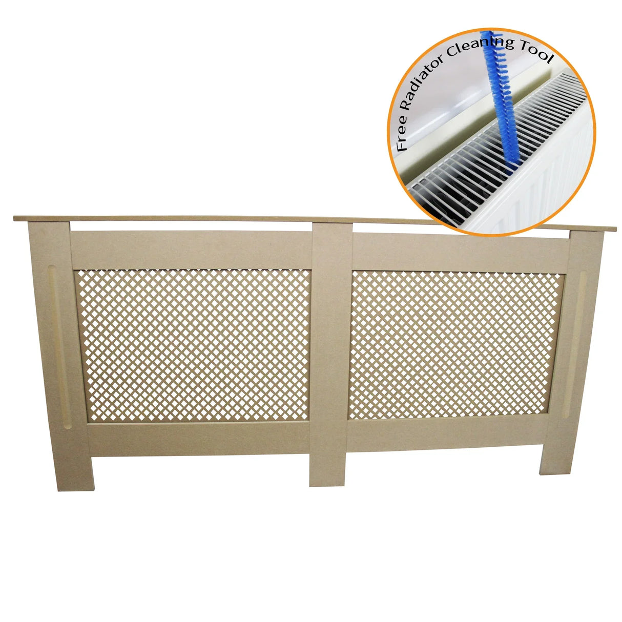 Unfinished MDF radiator cover in a rectangular shape with a lattice design, includes a free radiator cleaning tool for maintenance
