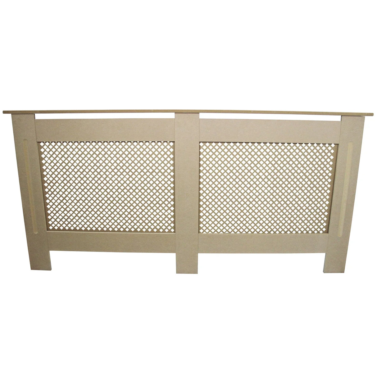 Unfinished MDF radiator cover, 1720mm wide, featuring a lattice design and smooth edges, ideal for home decor enhancement