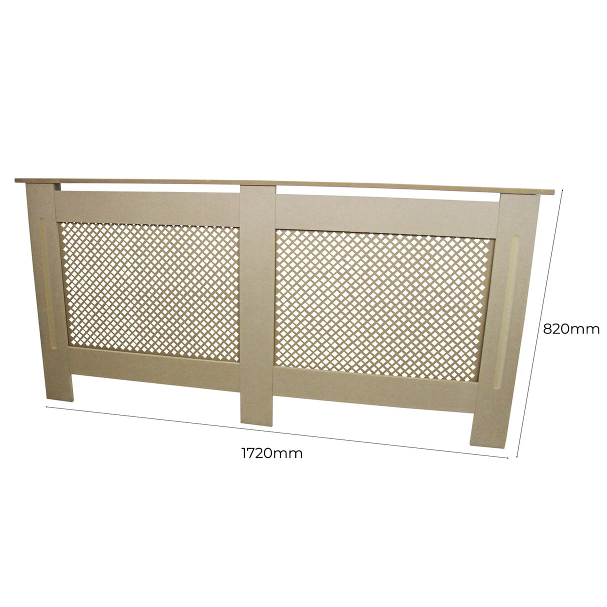 Unfinished MDF radiator cover measuring 1720mm wide and 820mm high, featuring a decorative lattice design and smooth edges