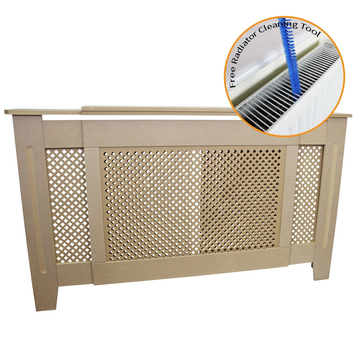 Adjustable MDF radiator cover in unfinished wood, featuring a decorative lattice design and a free radiator cleaning tool included