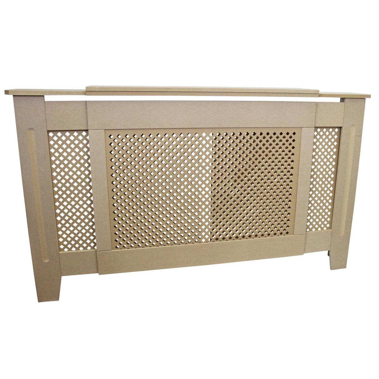 Adjustable MDF radiator cover in unfinished light wood, featuring a decorative lattice design and sleek rectangular shape, measuring 1400mm to 1920mm