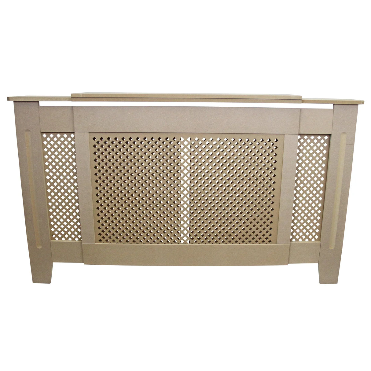 Adjustable MDF radiator cover, unfinished, 1400mm to 1920mm, featuring a decorative lattice design and smooth edges for a modern look