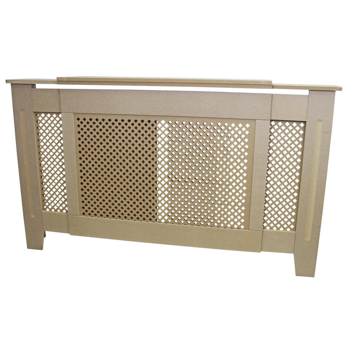 Adjustable MDF radiator cover in unfinished wood, measuring 1400mm to 1920mm, featuring a decorative lattice design and smooth edges