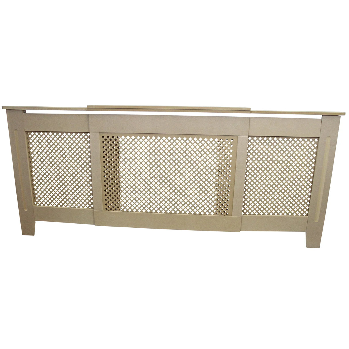 Adjustable MDF radiator cover in unfinished light wood, featuring a lattice design and measuring 1400mm to 1920mm in width
