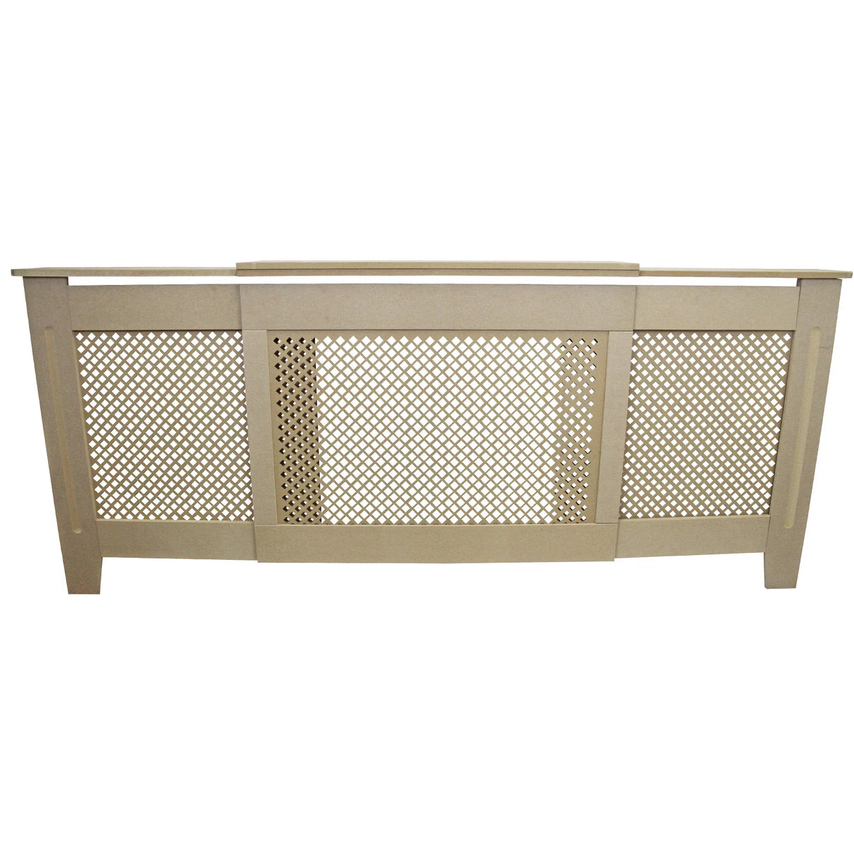Adjustable MDF radiator cover in unfinished wood, measuring 1400mm to 1920mm, featuring a decorative lattice design and smooth edges