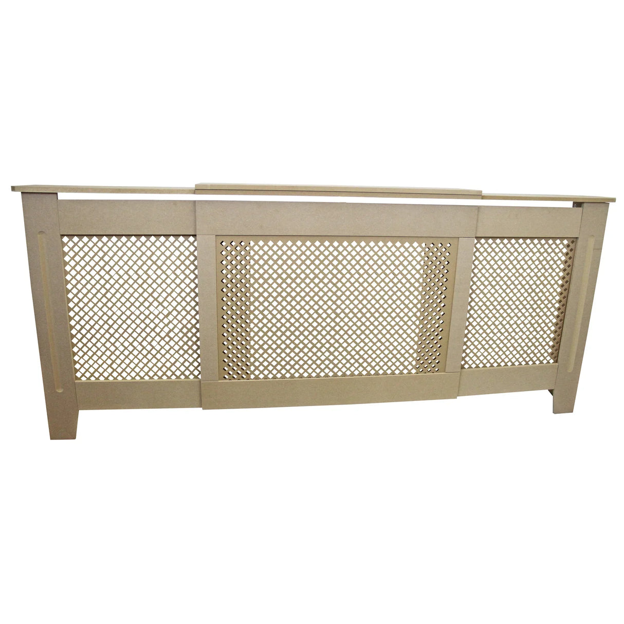 Adjustable MDF radiator cover in unfinished wood, measuring 1400mm to 1920mm, featuring a decorative lattice design and smooth edges