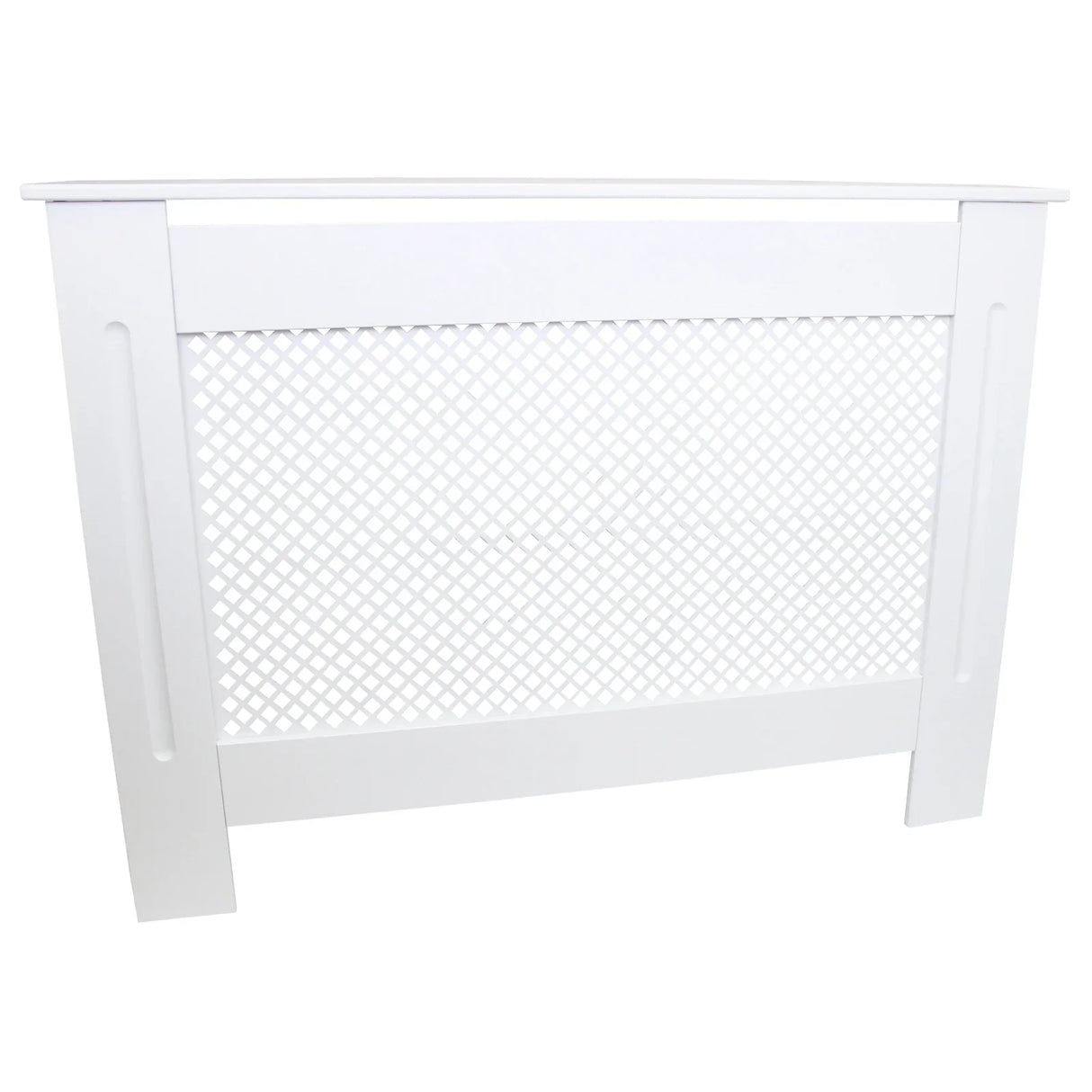White MDF radiator cover, 1115mm wide, featuring a decorative lattice design and smooth finish, perfect for home decor