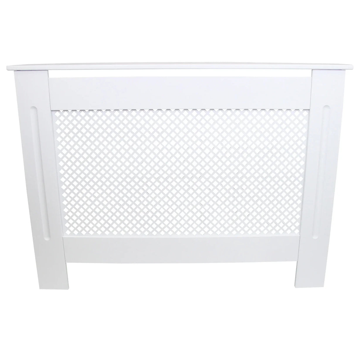White MDF radiator cover measuring 1115mm, featuring a decorative lattice design and smooth finish, ideal for home decor