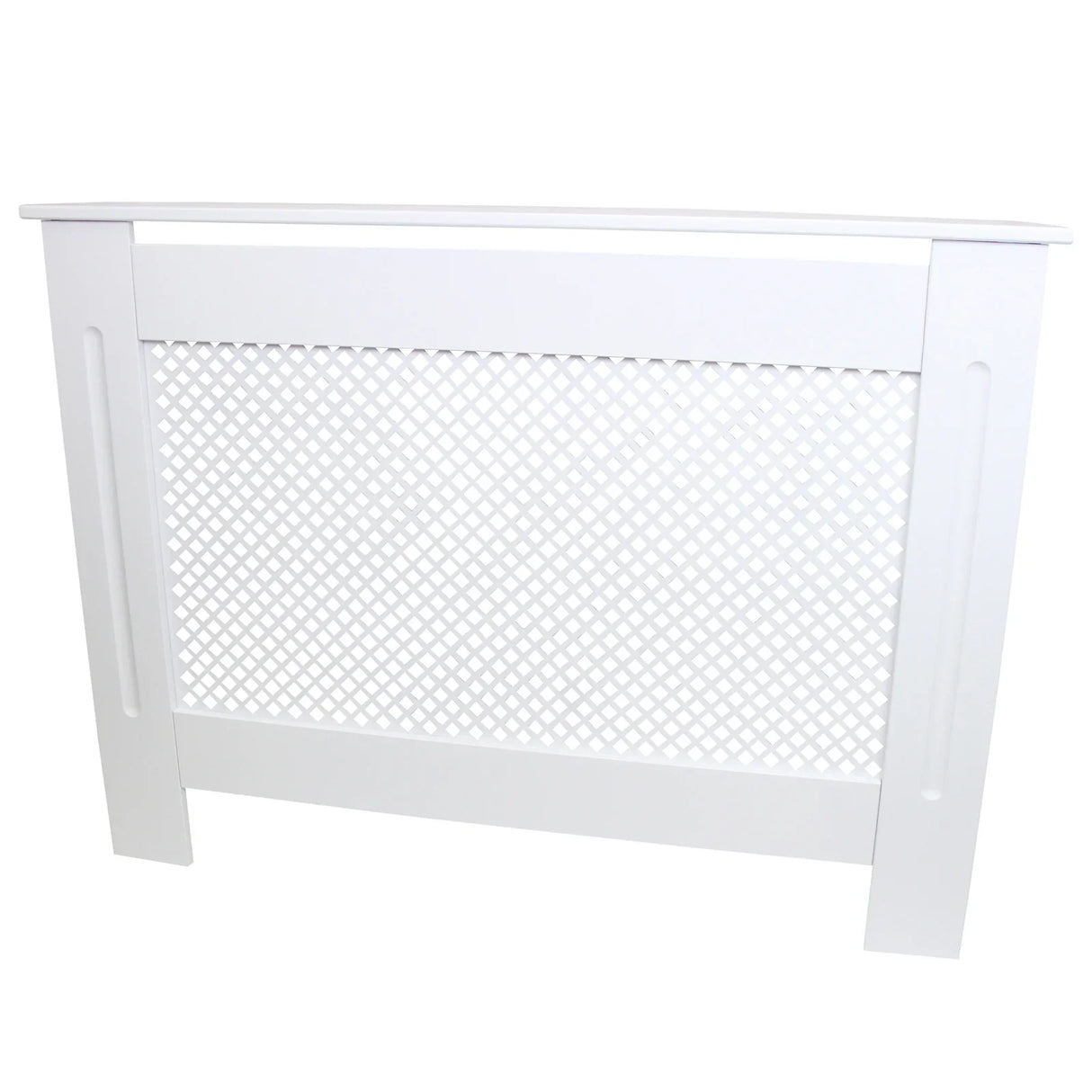 White MDF radiator cover with a decorative lattice design, measuring 1115mm, featuring smooth edges and a sleek finish