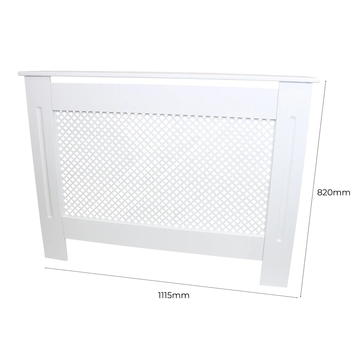 White MDF radiator cover with a lattice design, measuring 1115mm wide and 820mm tall, offering a sleek and modern look