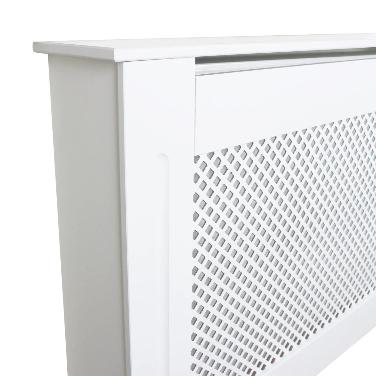White MDF radiator cover, 1115mm, featuring a sleek design with a textured lattice pattern and smooth edges for a modern look