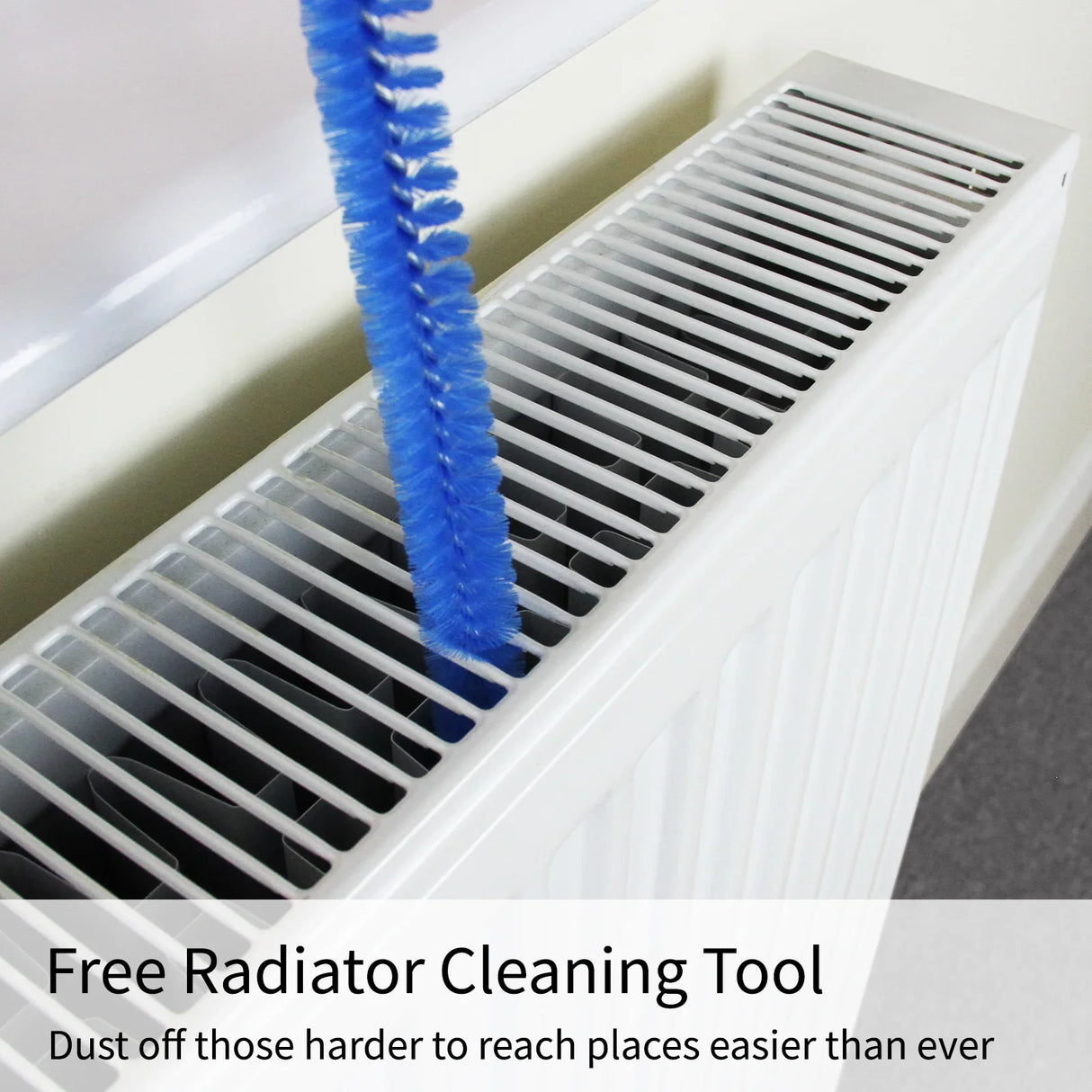 MDF white radiator cover with slatted design, featuring a blue cleaning tool for easy dusting of hard-to-reach areas