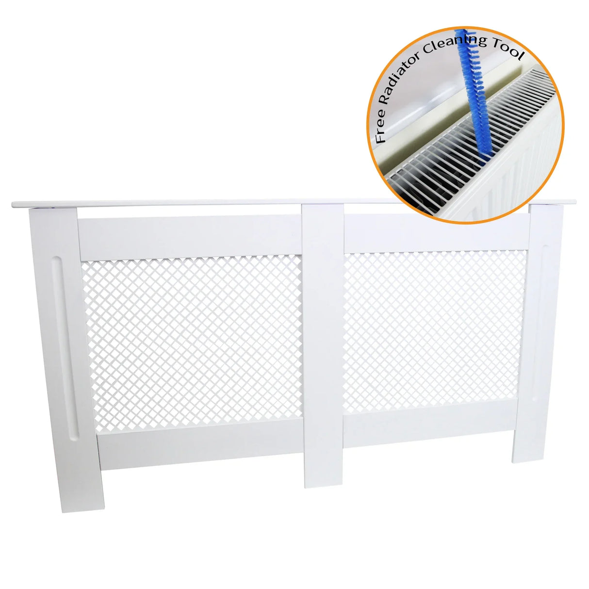 White MDF radiator cover measuring 1515mm with a mesh design, includes a free radiator cleaning tool for easy maintenance