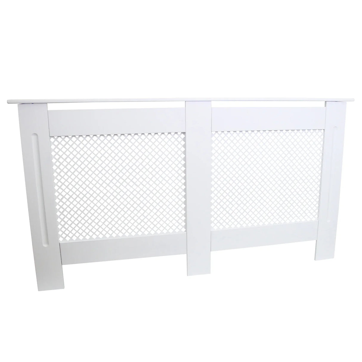 White MDF radiator cover, 1515mm wide, featuring a sleek design with a mesh panel for ventilation and smooth edges for a modern look