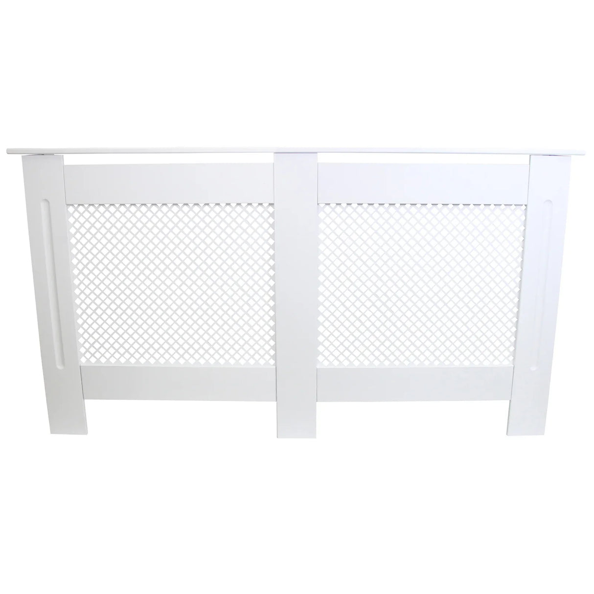 White MDF radiator cover with a mesh front, featuring a sleek design and clean lines, measuring 1515mm in width