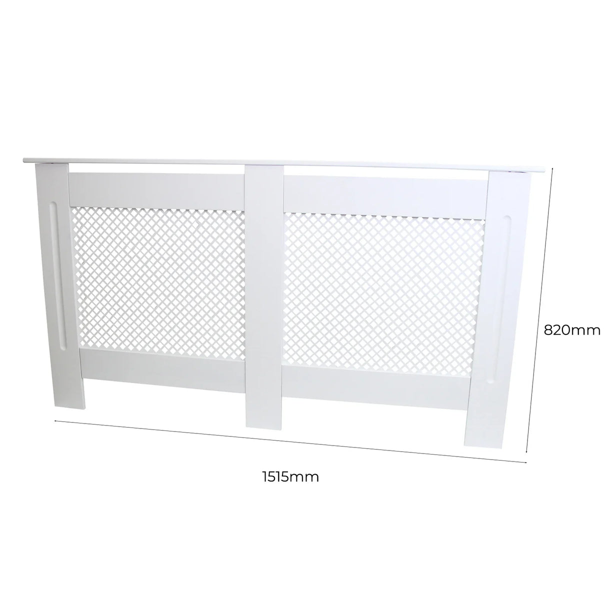 White MDF radiator cover measuring 1515mm wide and 820mm high, featuring a decorative mesh panel for ventilation