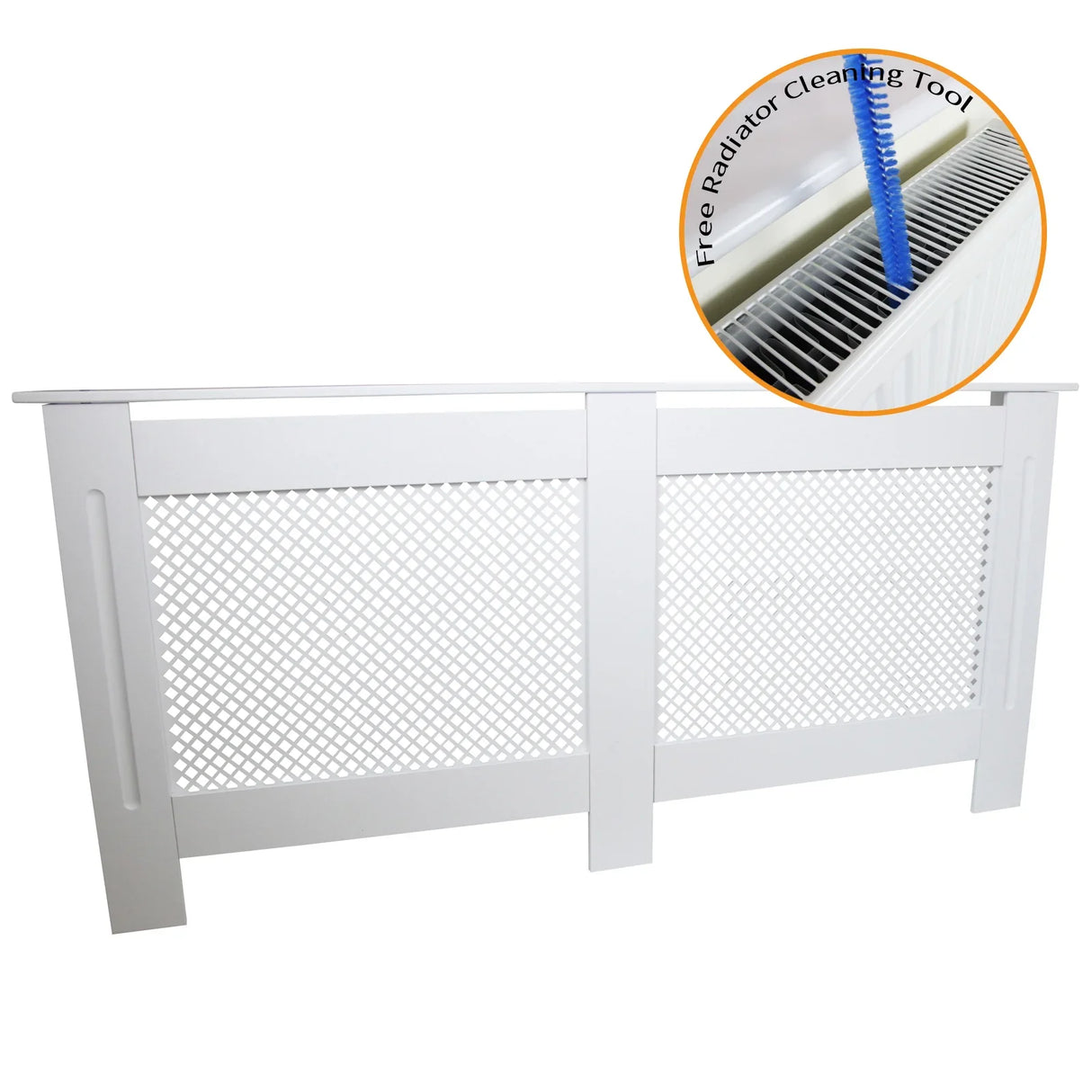 White MDF radiator cover measuring 1720mm, featuring a decorative mesh design and a free radiator cleaning tool included