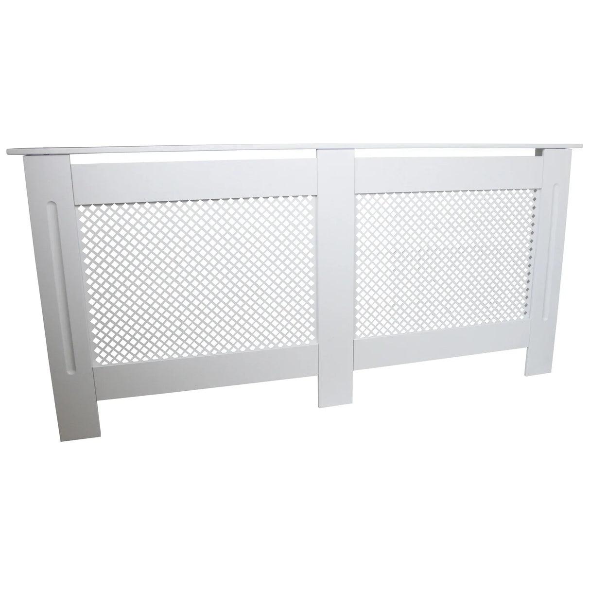 White MDF radiator cover, 1720mm wide, featuring a sleek design with a mesh panel and smooth finish, ideal for home decor