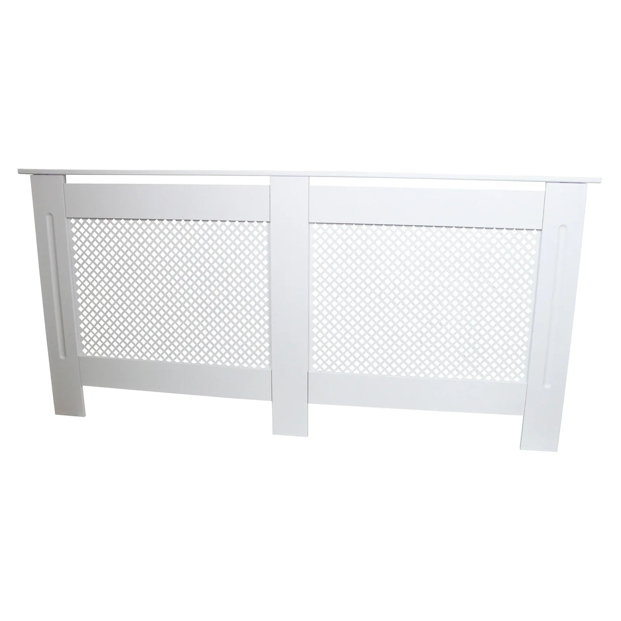 White MDF radiator cover, 1720mm wide, featuring a sleek design with a textured mesh panel and smooth edges for a modern look