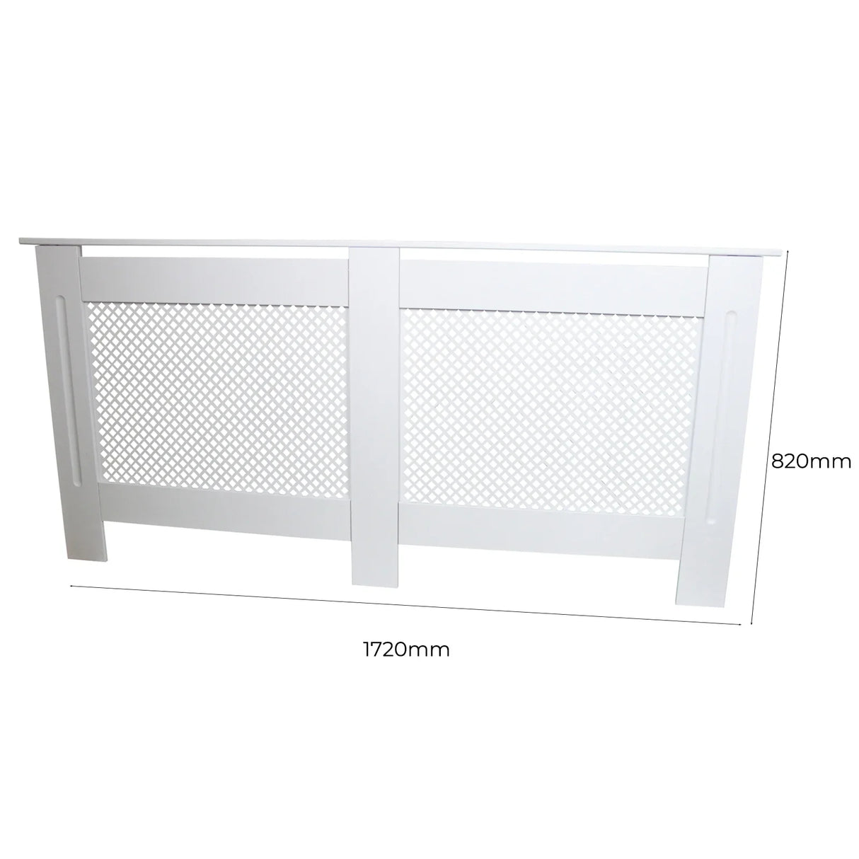 White MDF radiator cover measuring 1720mm wide and 820mm high, featuring a decorative mesh design and smooth finish