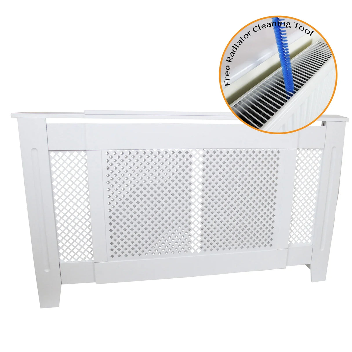 Adjustable white MDF radiator cover, 1400mm-1920mm, featuring a decorative lattice design and a free radiator cleaning tool included