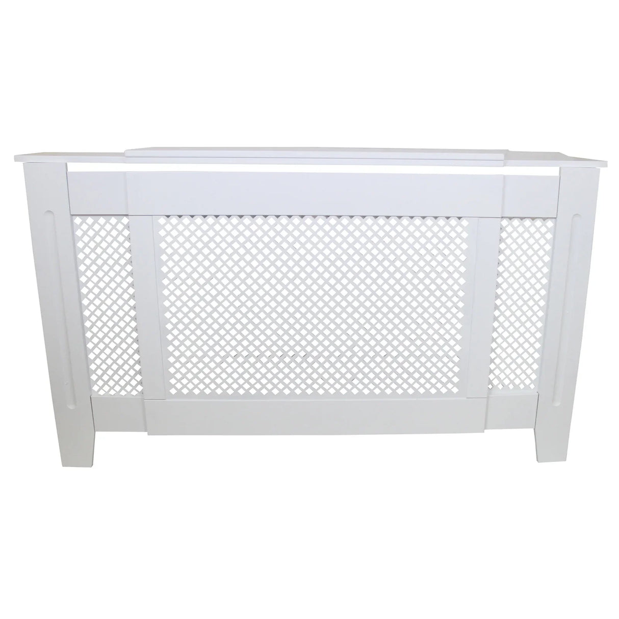 Adjustable white MDF radiator cover, 1400mm to 1920mm, featuring a decorative lattice design and smooth finish for modern interiors