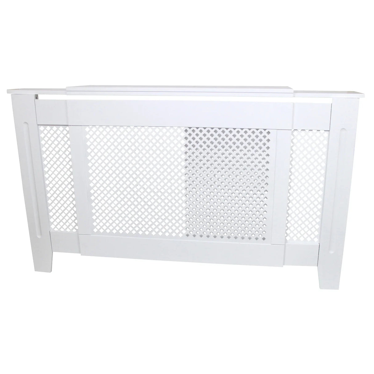 Adjustable white MDF radiator cover with a lattice design, measuring 1400mm to 1920mm, perfect for enhancing home decor