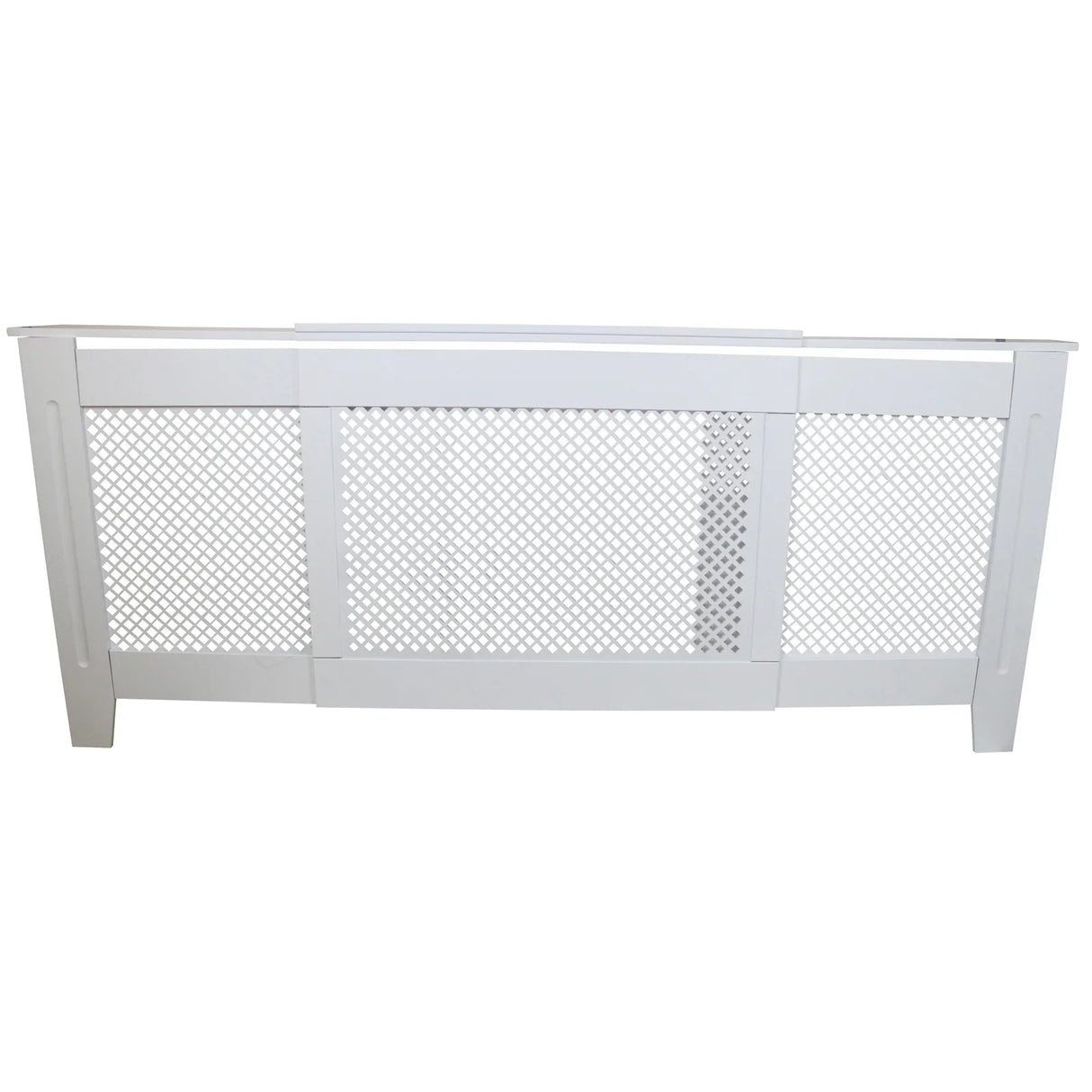 Adjustable white MDF radiator cover, 1400mm to 1920mm, featuring a sleek design with a perforated front for heat circulation