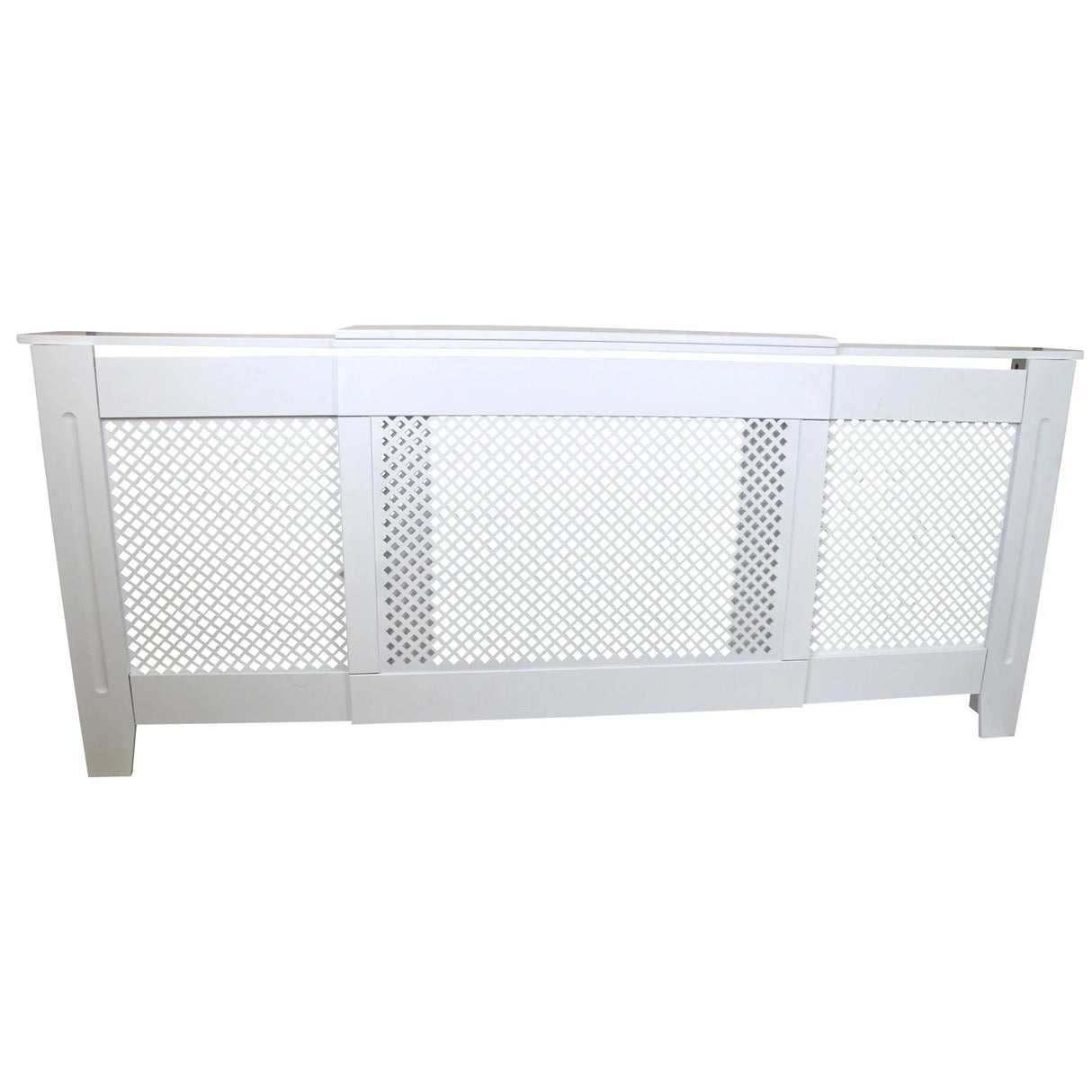 Adjustable white MDF radiator cover, measuring 1400mm to 1920mm, featuring a stylish lattice design and smooth finish