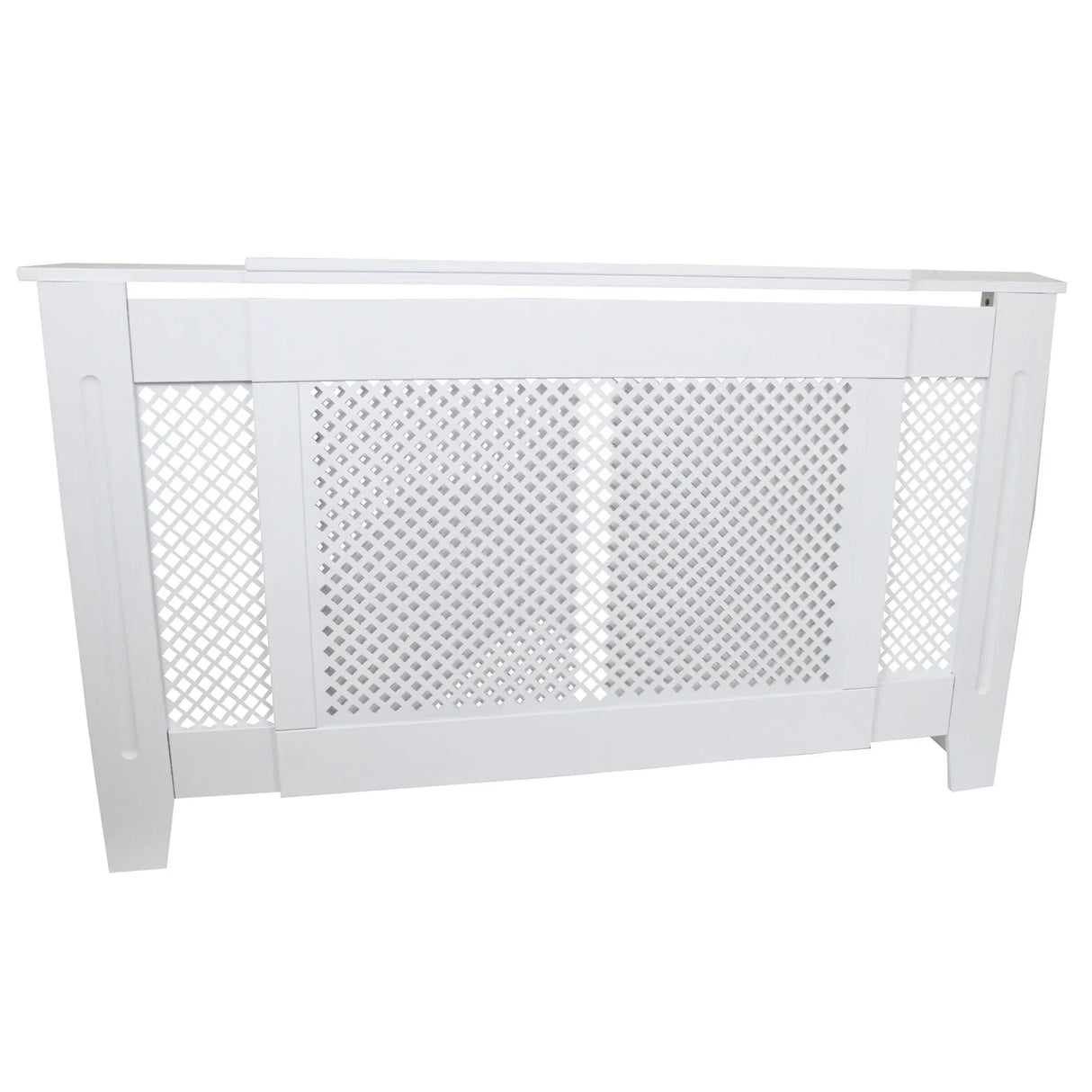 Adjustable white MDF radiator cover, 1400mm - 1920mm, featuring a decorative lattice design and smooth finish for modern interiors