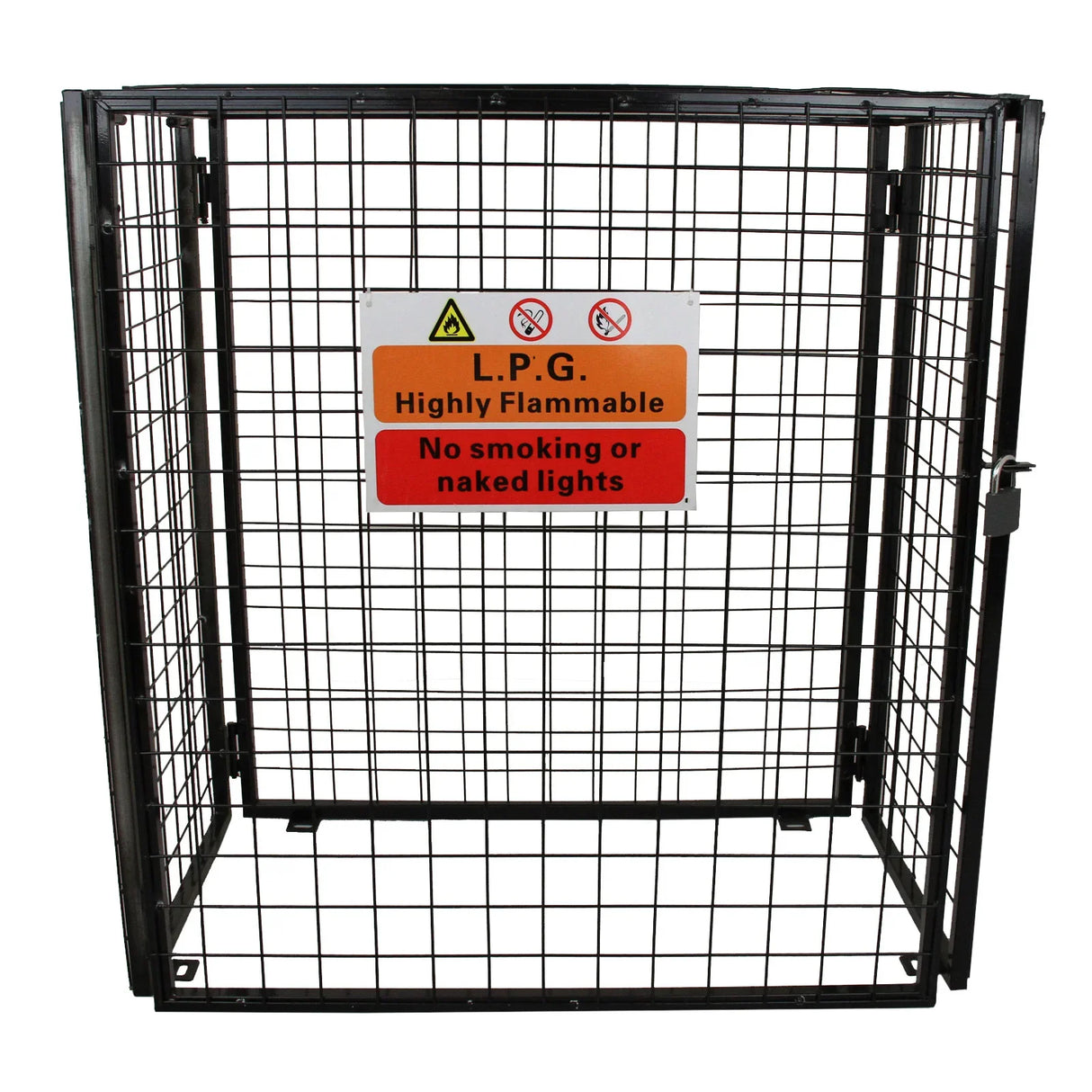 Gas bottle mesh cage, 920mm, featuring a sturdy black metal frame, grid design, and safety warning signs for flammable materials
