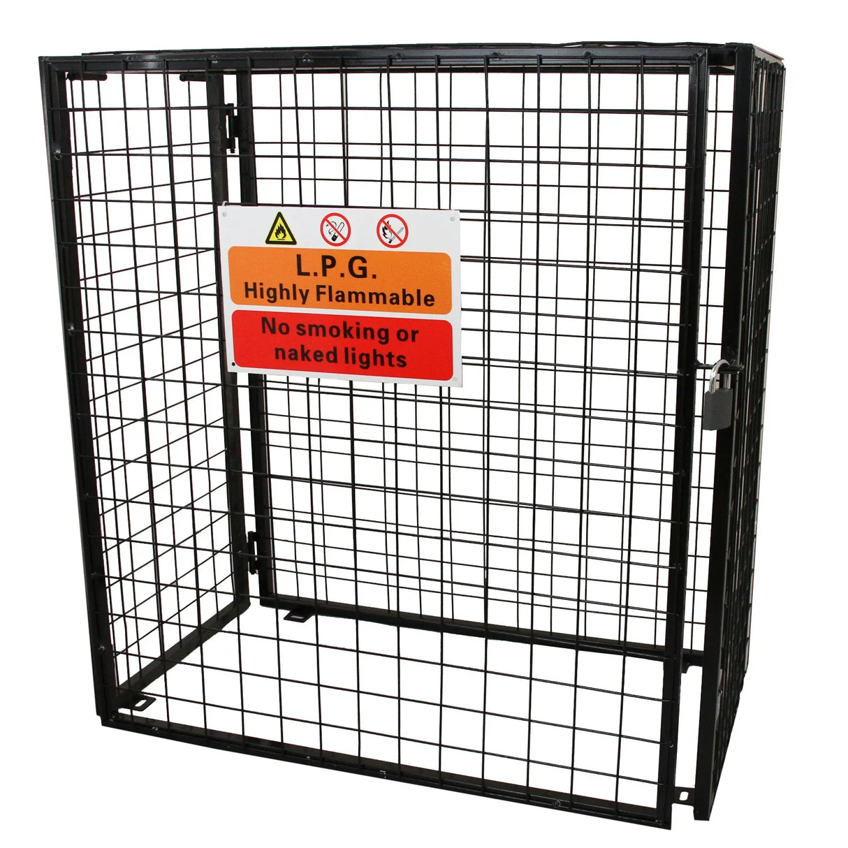 Black metal gas bottle mesh cage, 920mm, featuring a warning sign and open design for secure storage of flammable materials