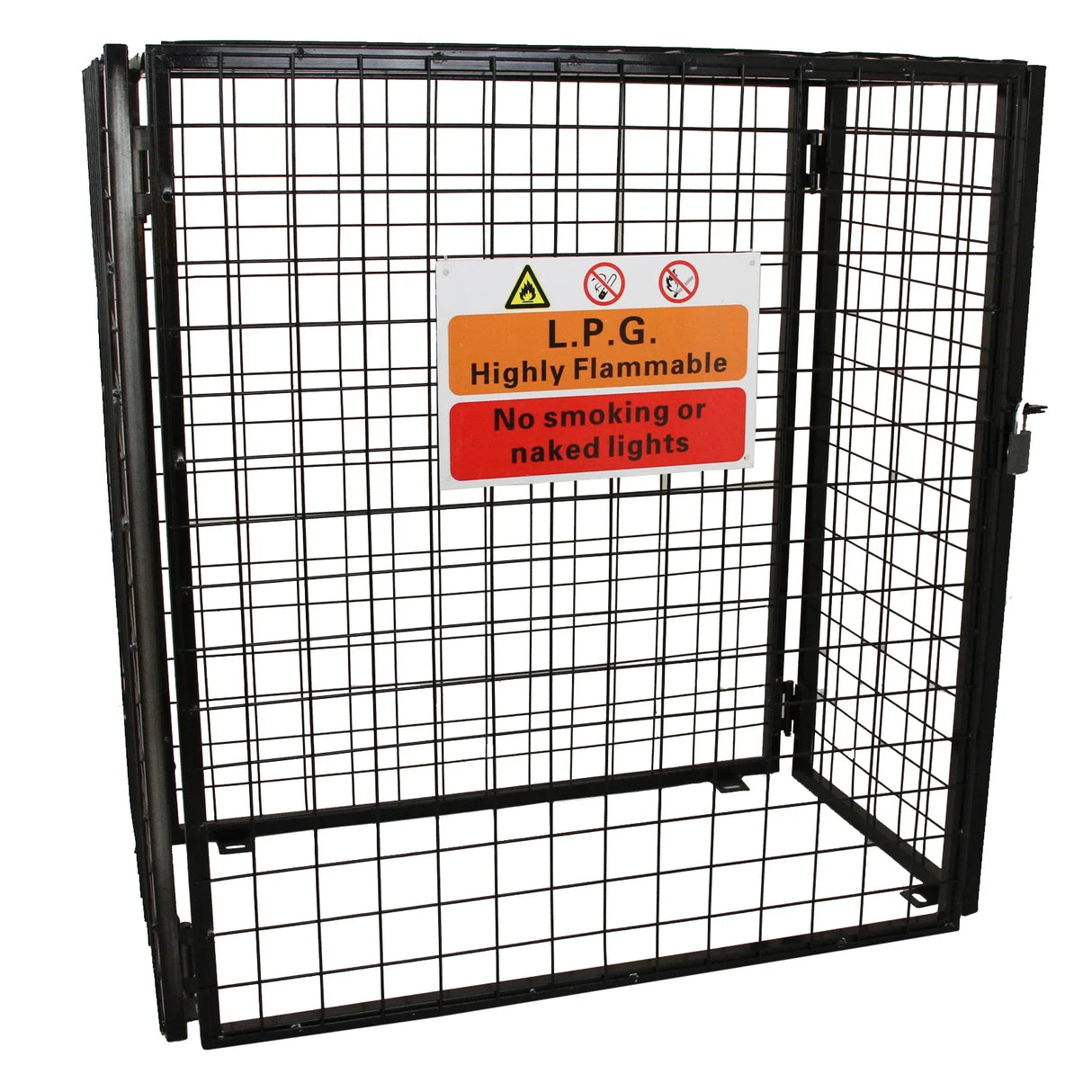 Gas bottle mesh cage 920mm, black metal construction, sturdy grid design, safety warning signs for flammable gas storage