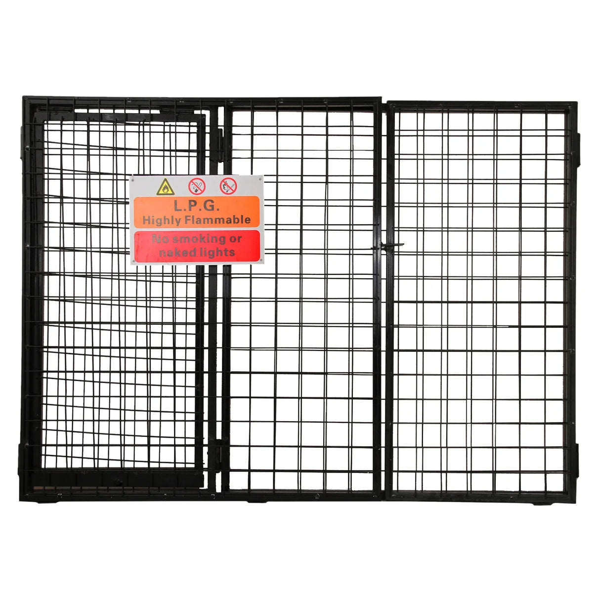 Black metal gas bottle mesh cage with double doors, warning signs for flammability, and a sturdy grid design for safety