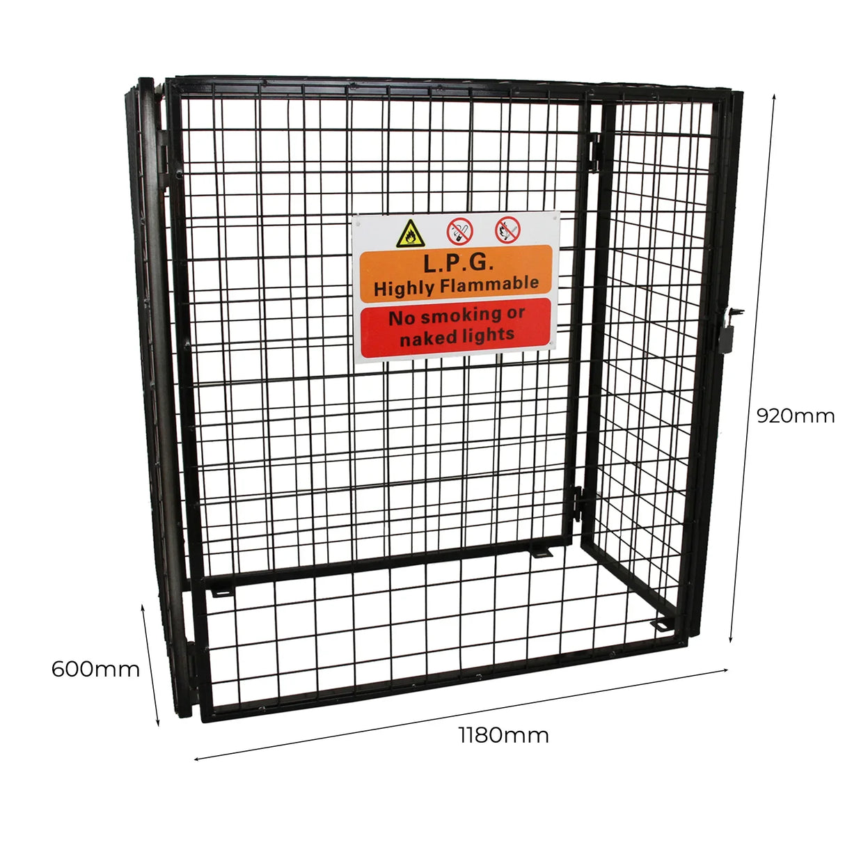 Gas bottle mesh cage, 920mm high, sturdy black metal grid design with warning signs, dimensions 1180mm x 600mm, secure storage solution