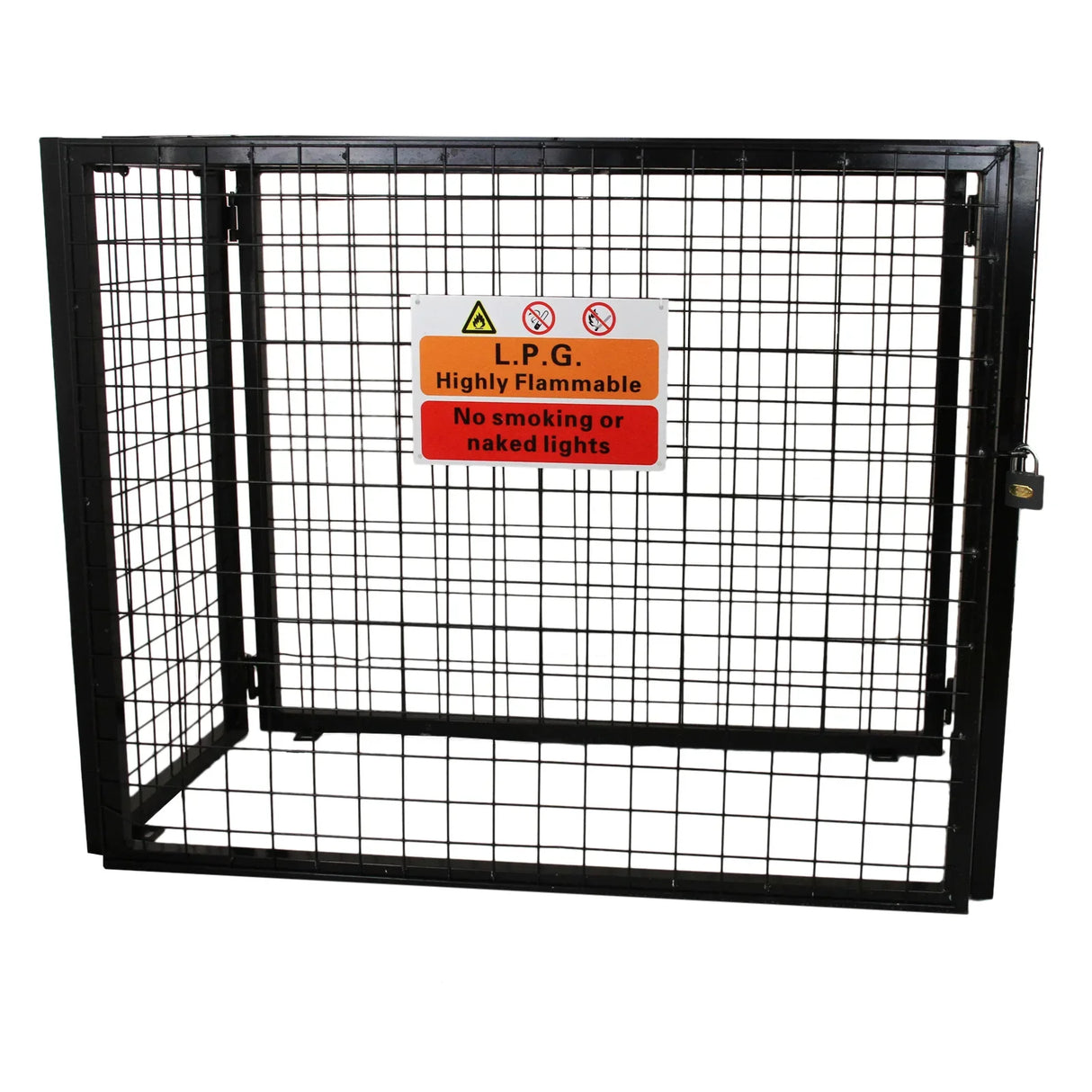 Gas Bottle Mesh Cage 900mm in black metal, featuring a secure lock and warning signs for flammable gas safety, ideal for storage