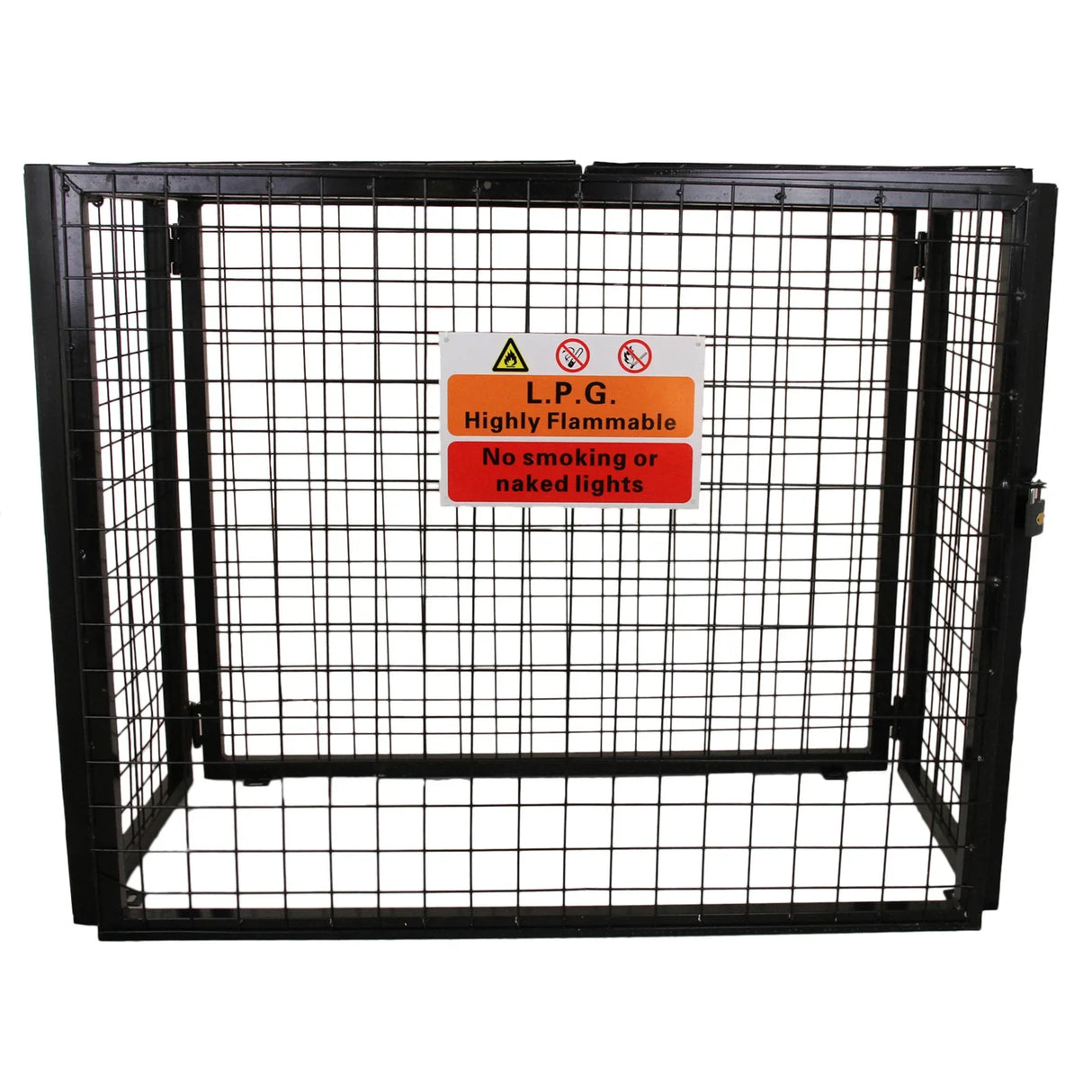 Gas Bottle Mesh Cage 900mm, sturdy black metal construction with a warning sign, designed for safe gas bottle storage and protection