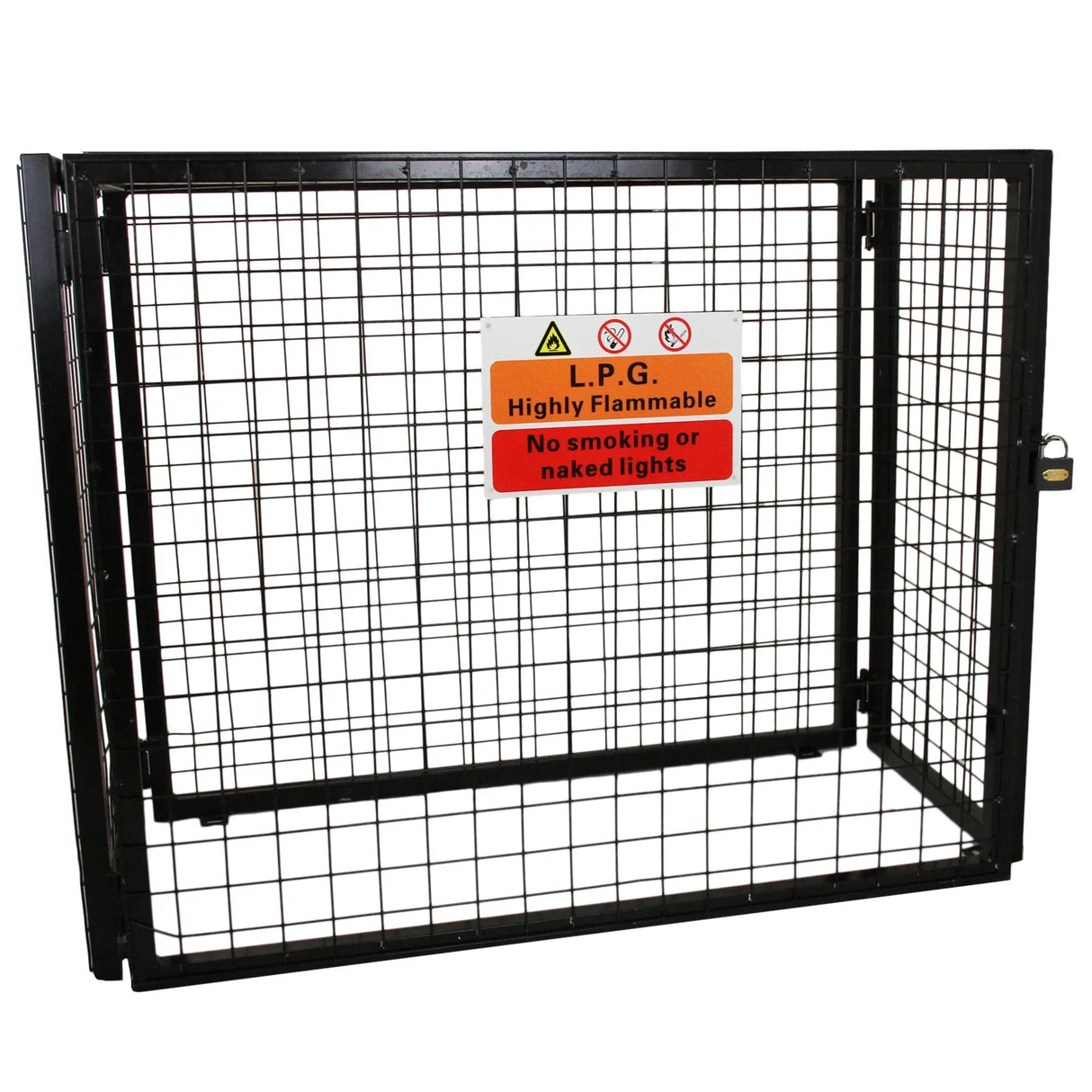 Gas bottle mesh cage 900mm, sturdy black metal construction with grid pattern, featuring safety warning signs for flammable materials