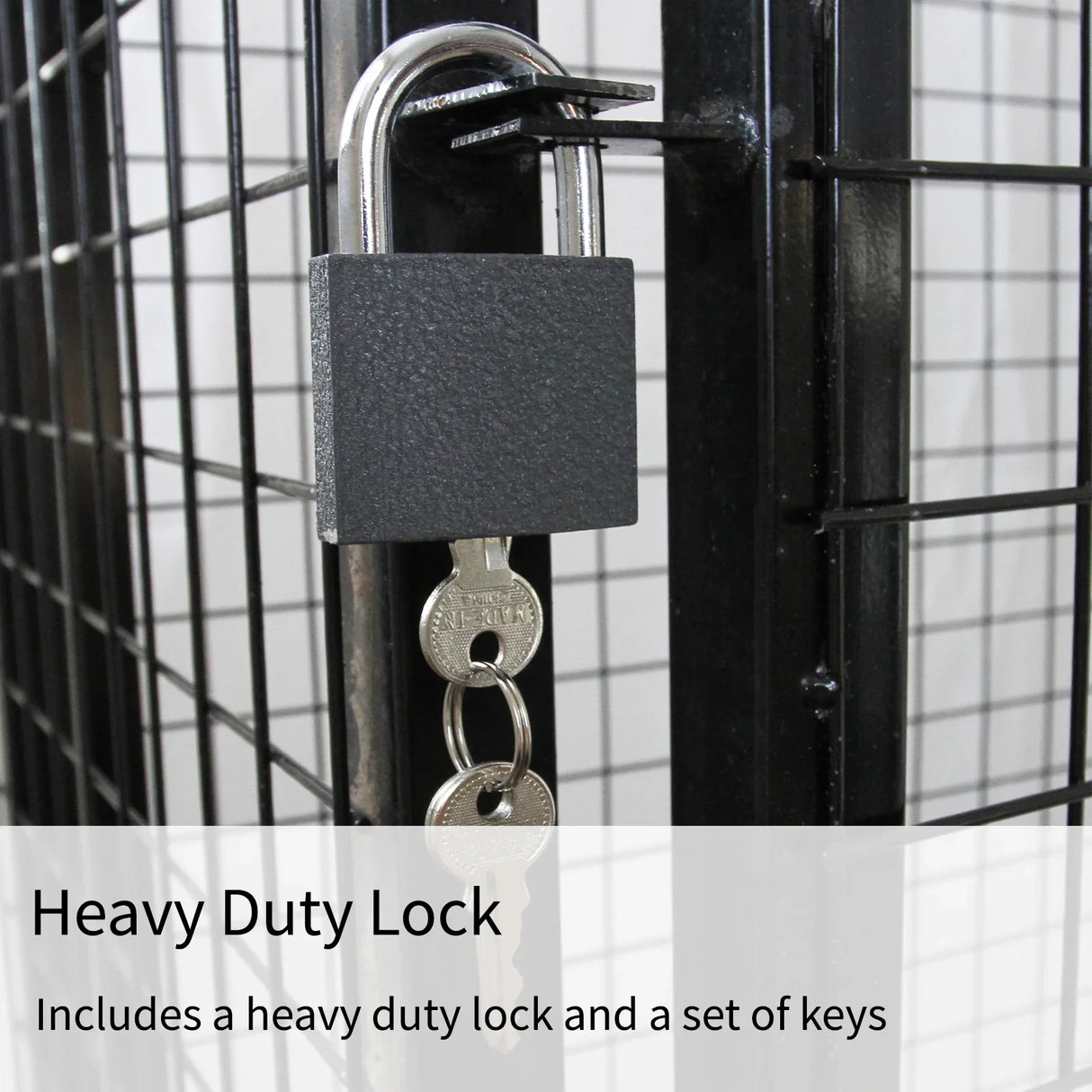 Heavy-duty lock securing a gas bottle mesh cage, featuring a sturdy metal design and a set of keys for added security