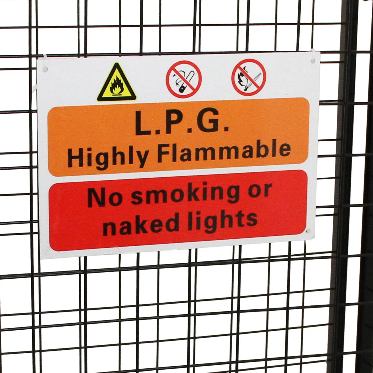 Gas Bottle Mesh Cage 900mm with black wire mesh, featuring a bright orange and red safety sign warning against flammability and smoking