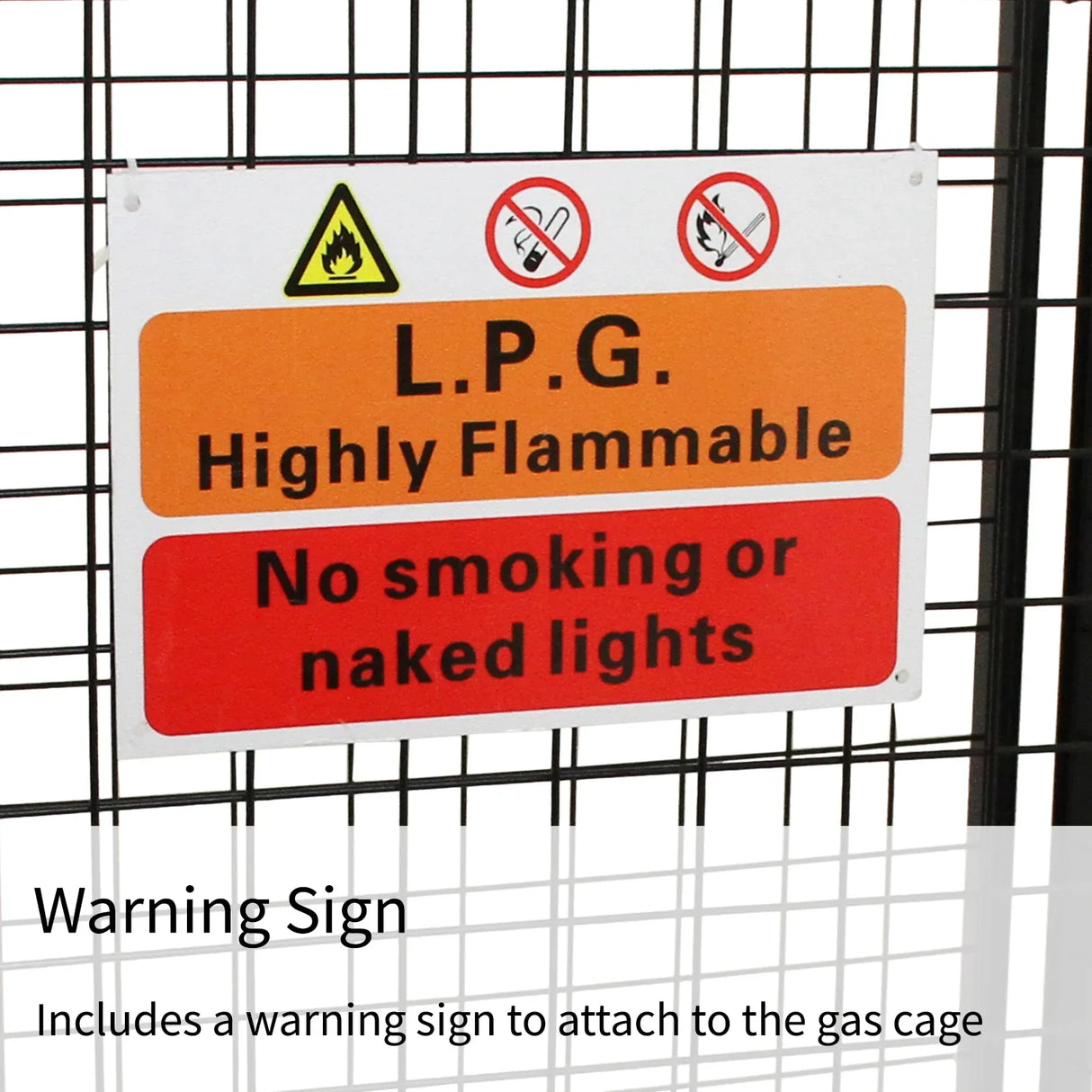 Warning sign for gas bottle mesh cage, featuring bold text and symbols indicating flammability and safety precautions