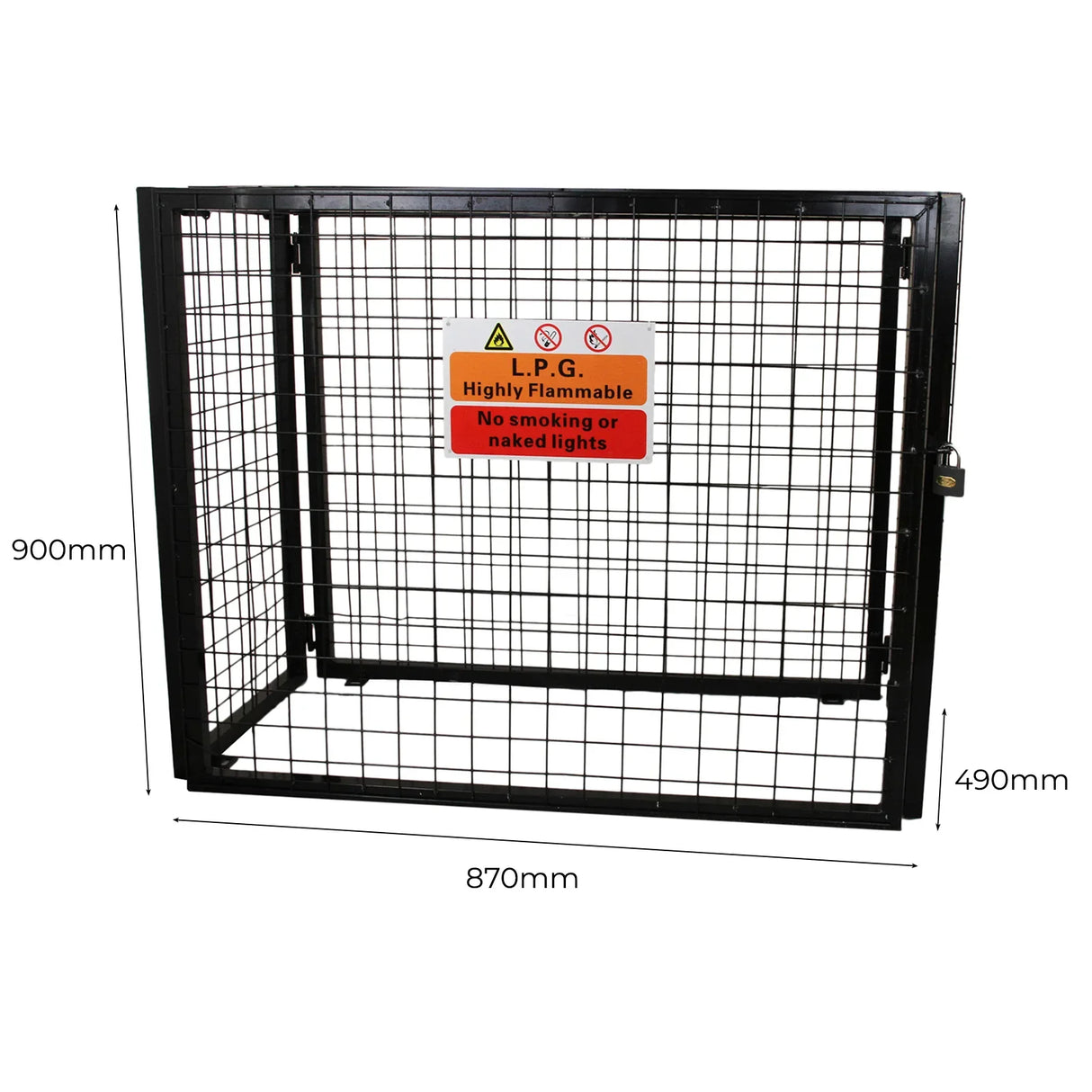 Gas bottle mesh cage, 900mm high, black metal frame with warning signs, sturdy design for safe gas storage and access