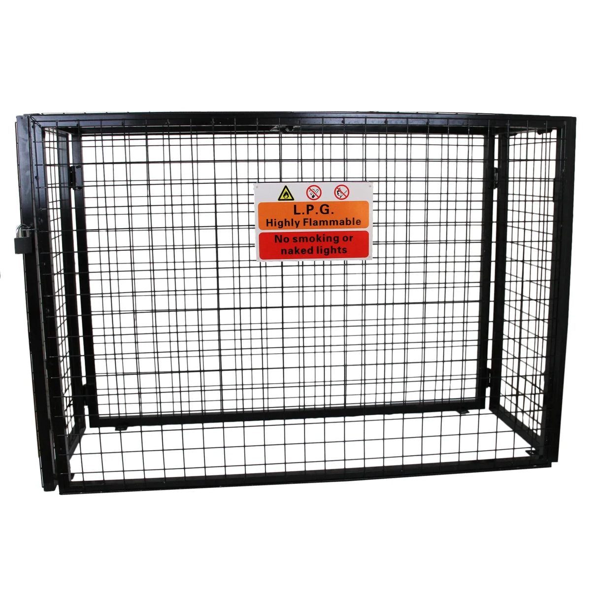 Gas bottle mesh cage, 1000mm, sturdy black metal with a grid design, featuring safety warning signs for flammable gas storage