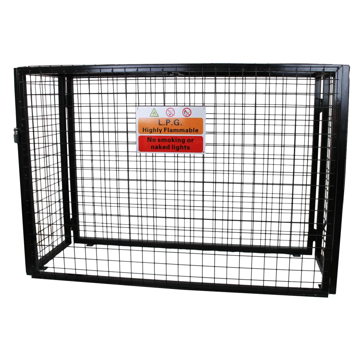 Gas bottle mesh cage 1000mm, sturdy black metal frame with a grid design, featuring safety warning signs for flammable materials