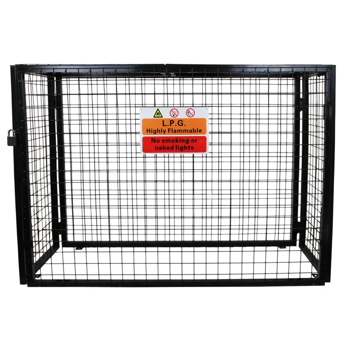 Black metal gas bottle mesh cage, 1000mm, featuring a warning sign about flammability and safety instructions on a sturdy frame