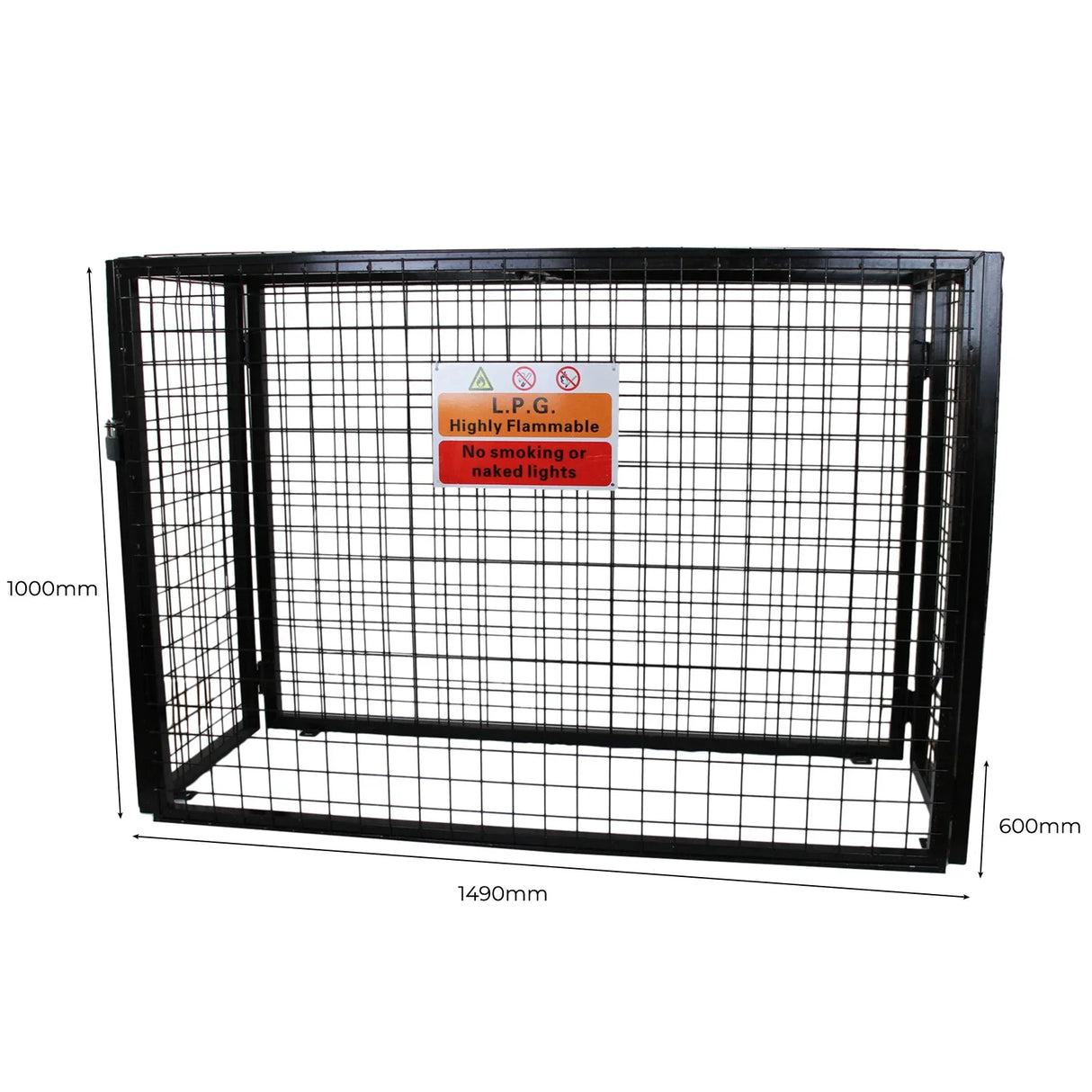 Gas bottle mesh cage, 1000mm tall, black metal with a grid design, featuring safety warning sign for flammable materials