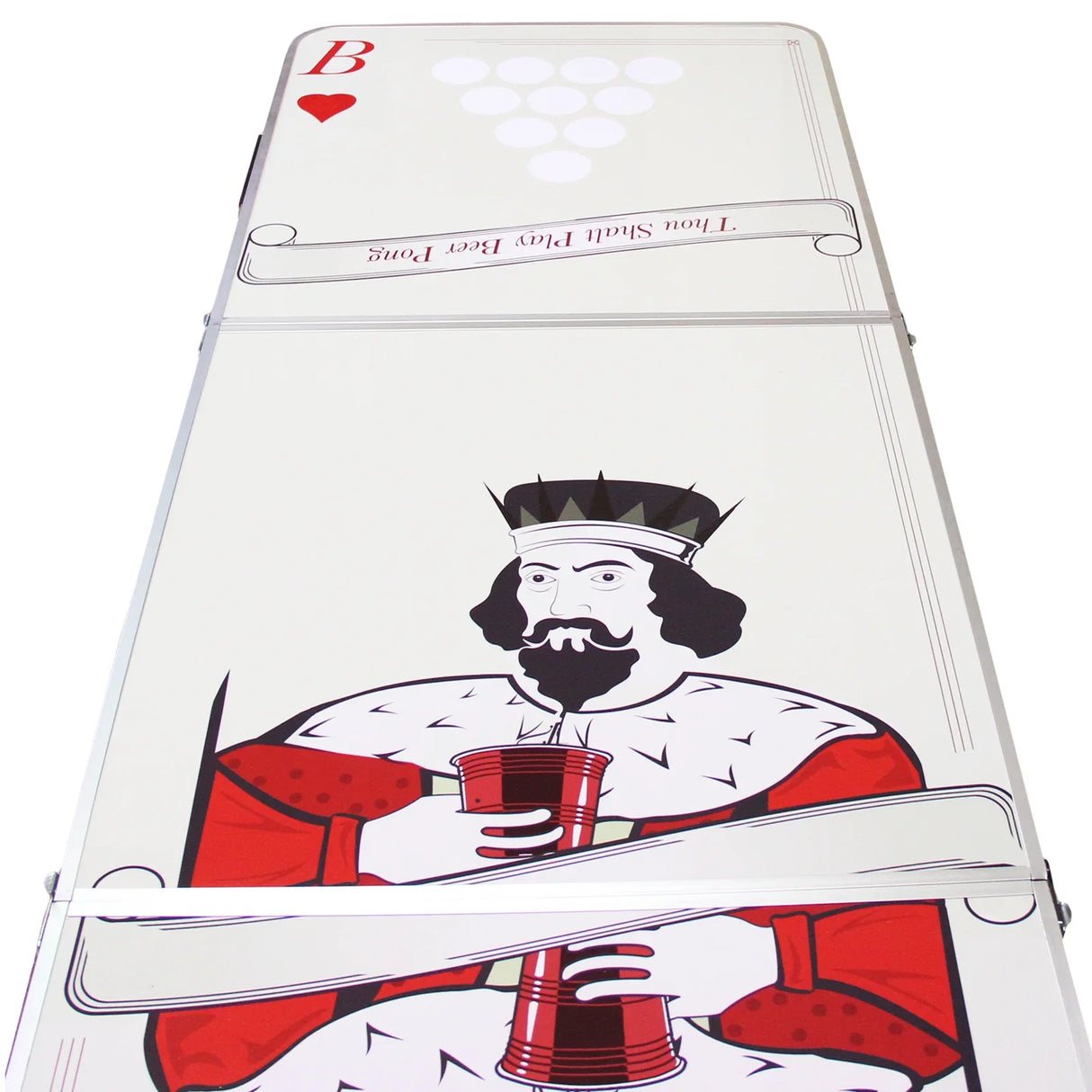 8FT beer pong table featuring a king graphic, smooth white surface, red accents, and cup rack design for easy gameplay